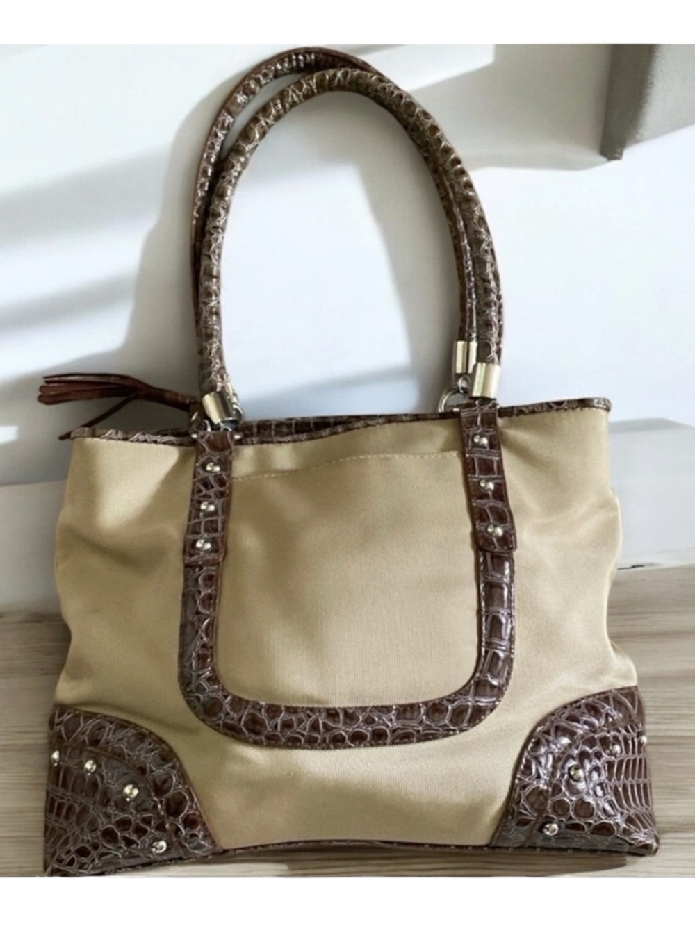 BUENO Studded Snake-print Tan Shoulder Bag Water Resistant Curved Handle Bag
